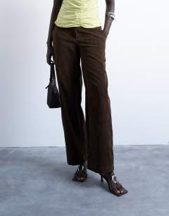 Model wearing Faux suede wide leg trouser with seam detail in brown