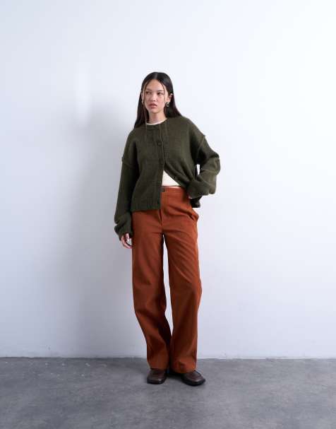 Topshop faux suede wide leg trouser with seam detail in rust - view 1