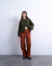 Topshop faux suede wide leg trouser with seam detail in rust