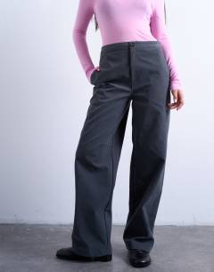 Model wearing Faux suede wide leg trouser with seam detail in slate