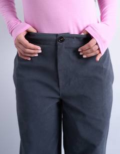 Model wearing Faux suede wide leg trouser with seam detail in slate