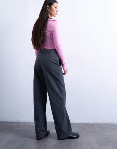 Model wearing Faux suede wide leg trouser with seam detail in slate