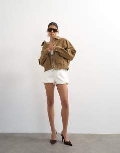 Faux suede zip through bomber jacket in tan