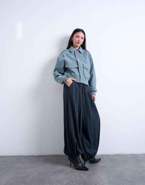 Topshop faux suede zip through jacket with patch pockets in blue - view 1