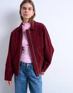 Faux suede zip through seam detail jacket in burgundy