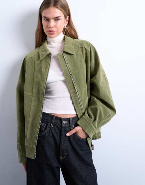 Topshop faux suede zip through seam detail jacket in green - view 1