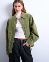 Topshop faux suede zip through seam detail jacket in green