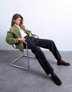 Model wearing Faux suede zip through seam detail jacket in green