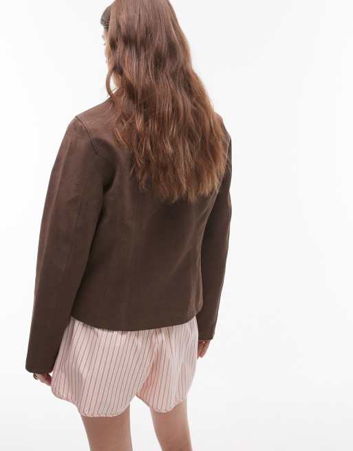 Topshop faux suede zip up jacket in brown, 3 of 4