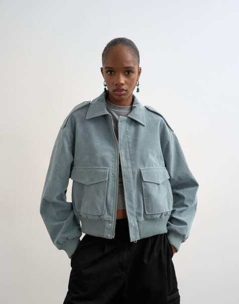 Topshop faux suede zip up jacket with patch pockets in blue - view 1