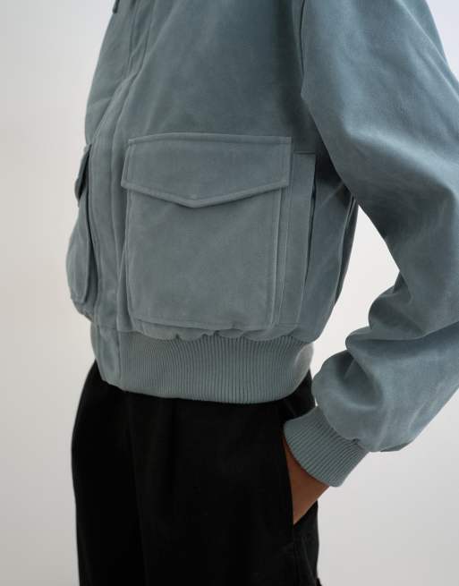 Topshop faux suede zip up jacket with patch pockets in blue, 2 of 4
