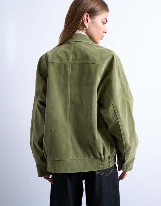 Topshop faux suede zip up seam detailing jacket in green, 4 of 4
