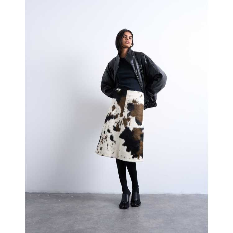 Topshop fax fur pony skin a-line midi skirt in cow print | ASOS