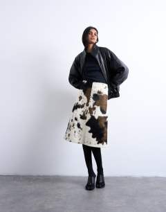 Fax fur pony skin a-line midi skirt in cow print