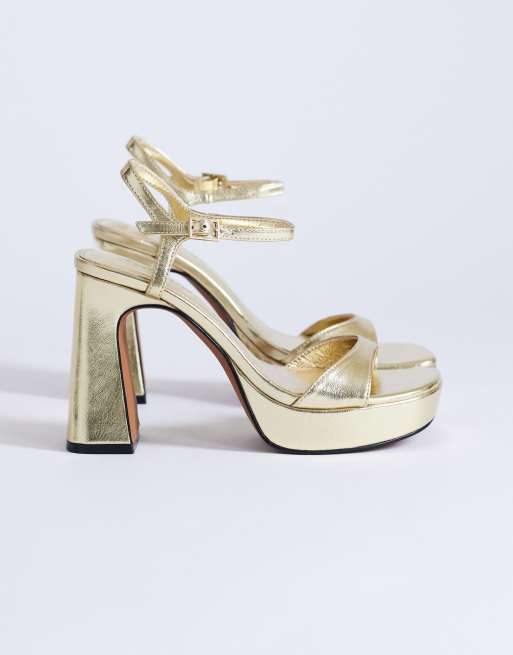 Topshop Faye platform two part high heel sandal in gold, 3 of 4