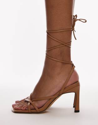 Topshop Faye strappy high heeled sandals in tan-Brown