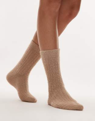 Topshop Topshop feather cosy socks in beige-Neutral