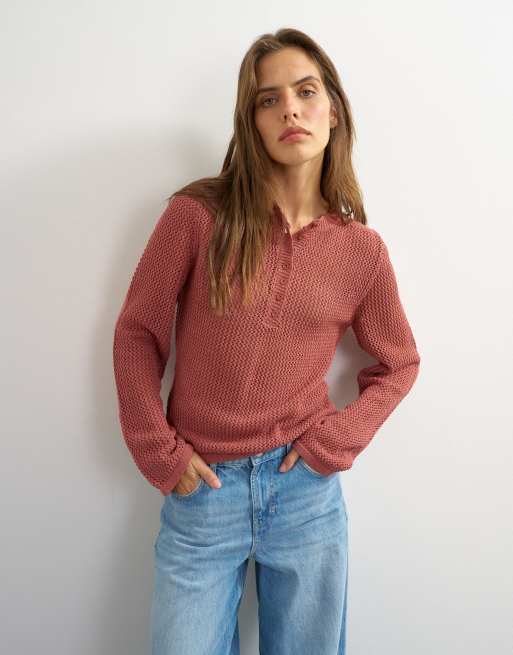 Topshop fein gestricktes Henley-Oberteil in Rostrot, 2 von 4