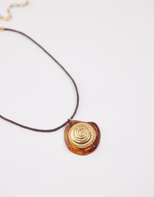 Topshop Felix cord necklace with textured pendant in brown, 2 of 3