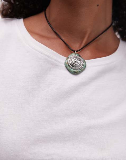 Topshop Felix cord necklace with textured pendant in silver & turquoise - view 1