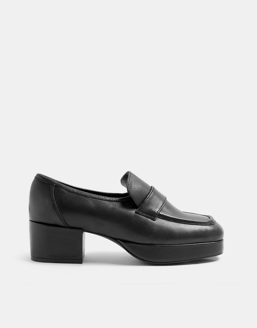 Topshop - Felix - Leren loafers met plateauzool en hak in zwart