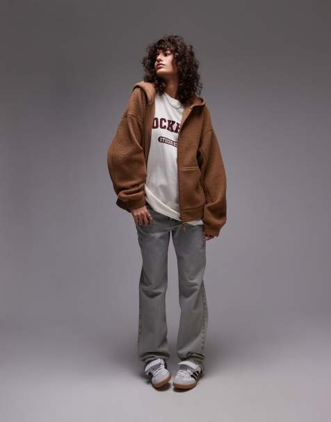 Topshop - Felpa con cappuccio color caramello in pile borg con zip - view 1