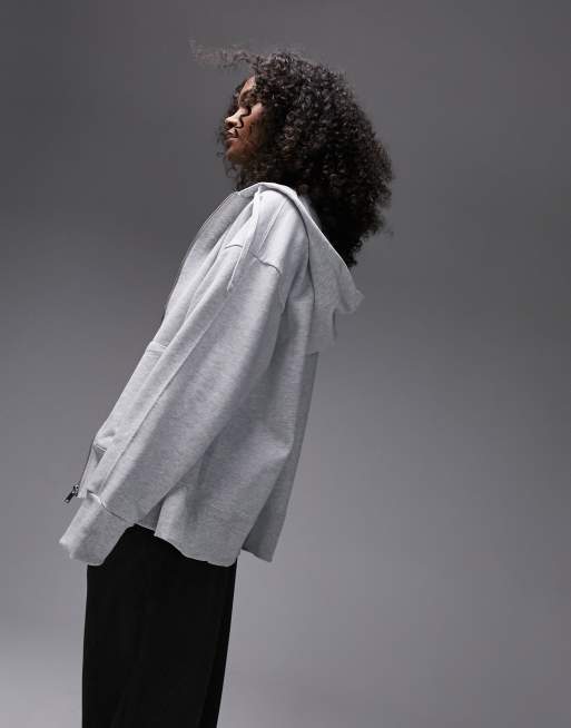 Topshop - Felpa con cappuccio e zip super oversize premium color grigio mélange