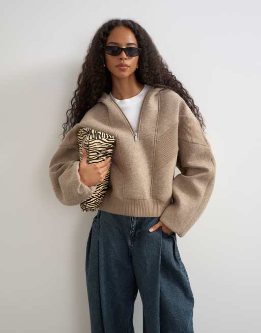 Topshop felpa con cappuccio in pile borg con pannelli e zip, color avena, 1 di 9