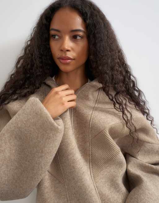 Topshop felpa con cappuccio in pile borg con pannelli e zip, color avena, 3 di 9