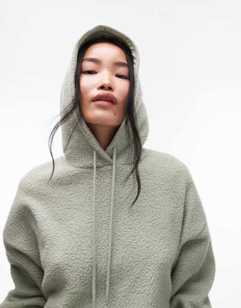 Topshop - Felpa con cappuccio oversize color verde salvia in pile borg - view 1