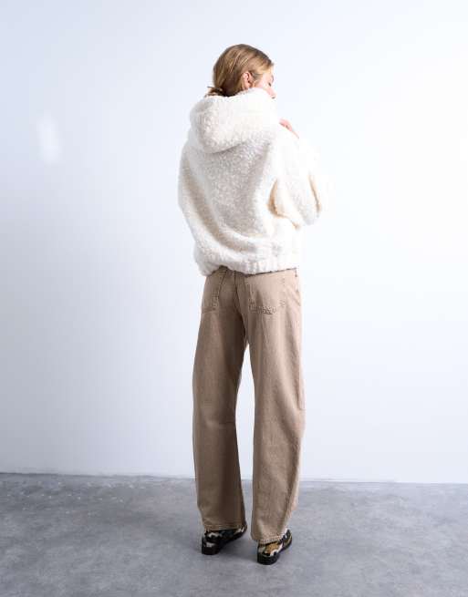 Topshop - Felpa con cappuccio oversize in pile borg crema, 2 di 4