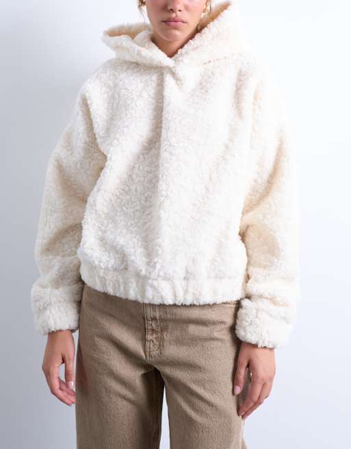 Topshop - Felpa con cappuccio oversize in pile borg crema, 4 di 4