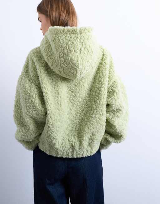 Topshop - Felpa con cappuccio oversize in pile borg verde salvia, 4 di 4