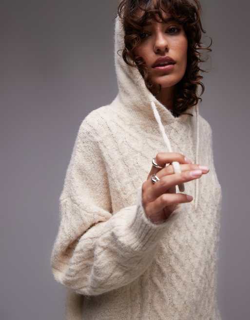 Topshop - Felpa con cappuccio soffice in maglia a trecce color avena