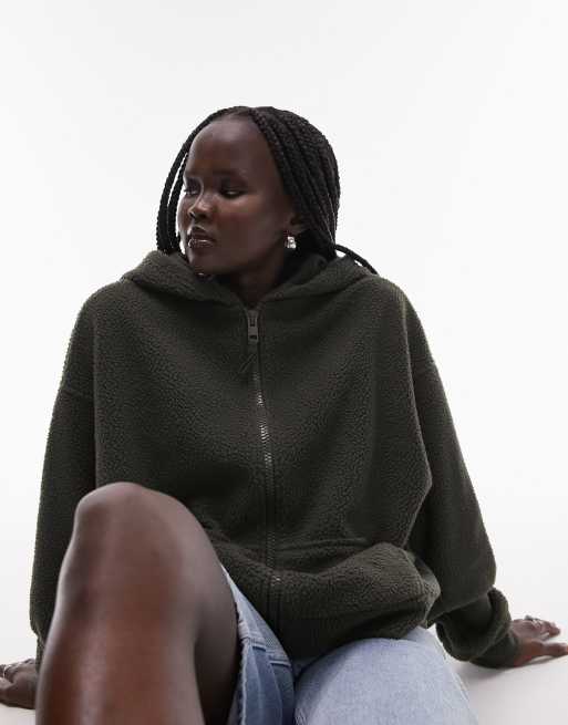 Topshop Felpa con cappuccio taglio corto in pile borg verde