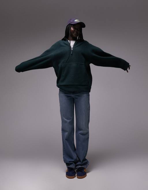 Topshop - Felpa con cappuccio verde in pile borg con zip corta