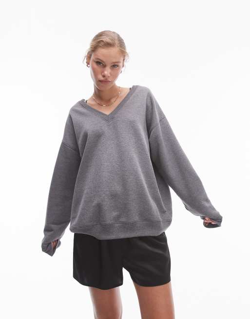 Topshop - Felpa grigio mélange extra larga con scollo a V