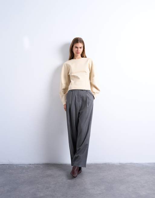 Topshop - Felpa in interlock écru con maniche bombate e stretta in vita, 2 di 4