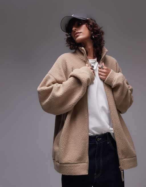 Topshop Felpa in pile borg con zip e scollo ad anello color cammello ASOS