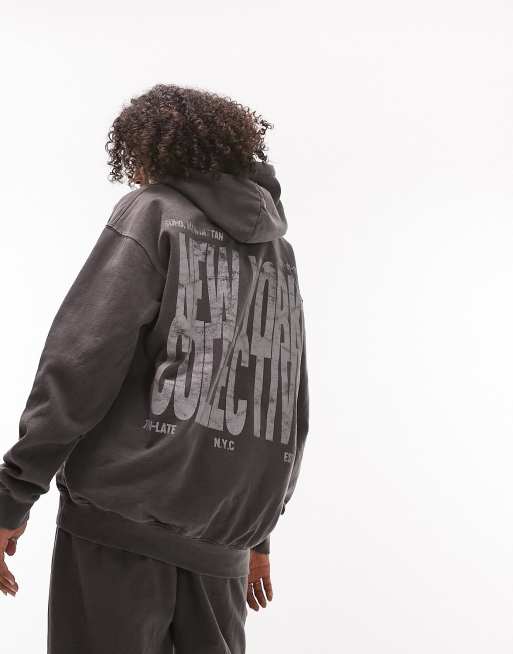 Topshop - Felpa oversize antracite con cappuccio e stampa New York in coordinato