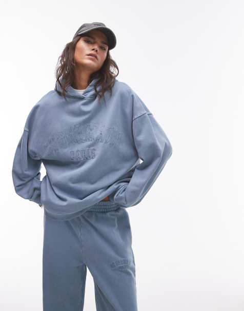 Topshop - Felpa oversize blu con cappuccio e stampa grafica St Germain in coordinato - view 1