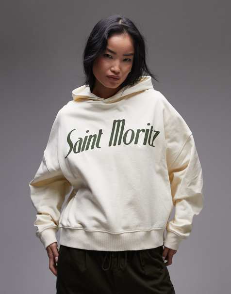 Topshop - Felpa oversize color écru con cappuccio e stampa grafica "Saint Moritz" - view 1