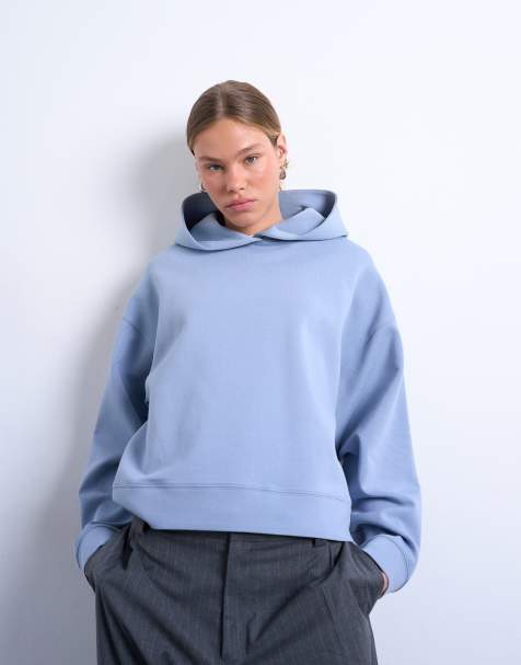 Topshop - Felpa oversize lunghezza medio-corta in tessuto scuba premium blu con cappuccio - view 1