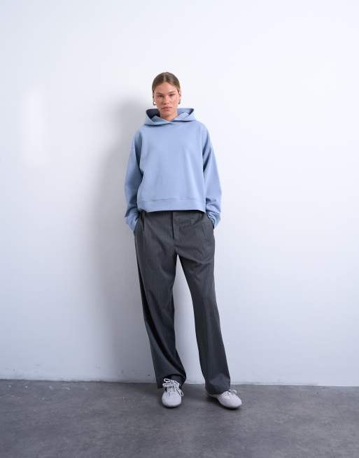 Topshop - Felpa oversize lunghezza medio-corta in tessuto scuba premium blu con cappuccio, 2 di 4