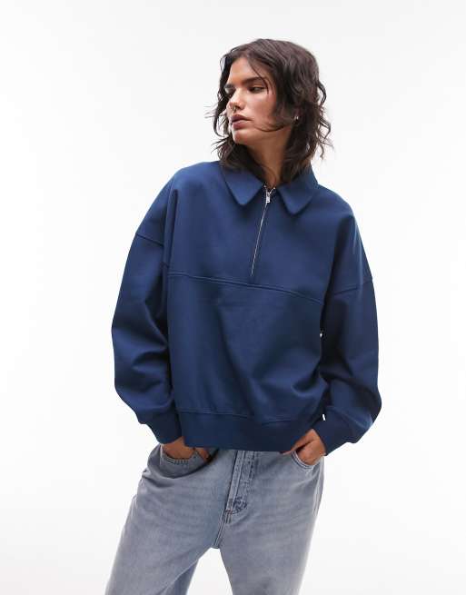 Topshop - Felpa premium con colletto e zip corta blu navy