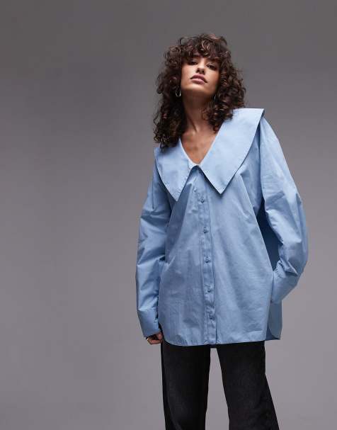 Topshop - Femme - Camicia in popeline blu con colletto - view 1