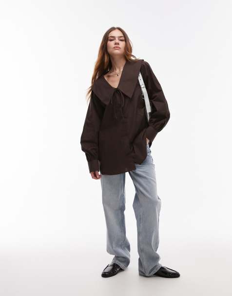 Topshop - Femme - Camicia marrone in popeline con colletto - view 1