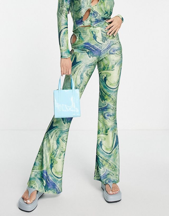 Topshop festival cut out flared pants in green marble print - part of a set