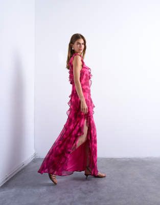 Topshop - Festliches Maxikleid in Rosa mit verschwommenem Blumenmuster und Grown-on-Rüschenärmeln