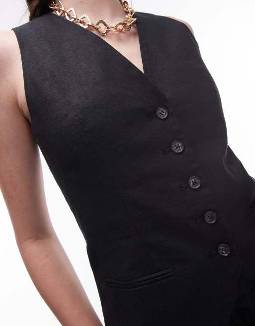 Topshop – Figurbetonte Leinen-Weste in Schwarz mit Knopfleiste, Kombiteil, 3 von 4